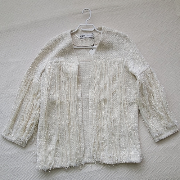Zara Zara Tweed Textured Fringe Structured Jacket Ecru - Picture 16 of 16